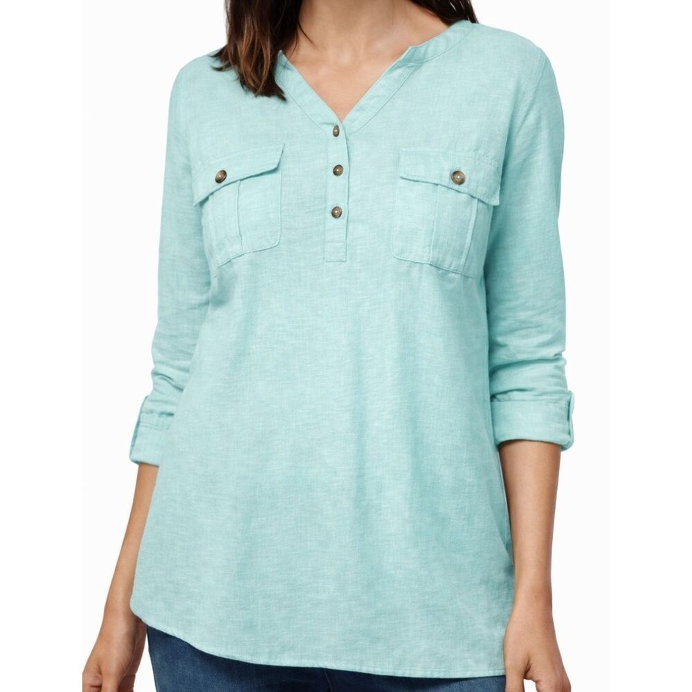 Gloria Vanderbilt Penelope Top XXL Long Sleeve Utility Blouse Roll Tab Vneck